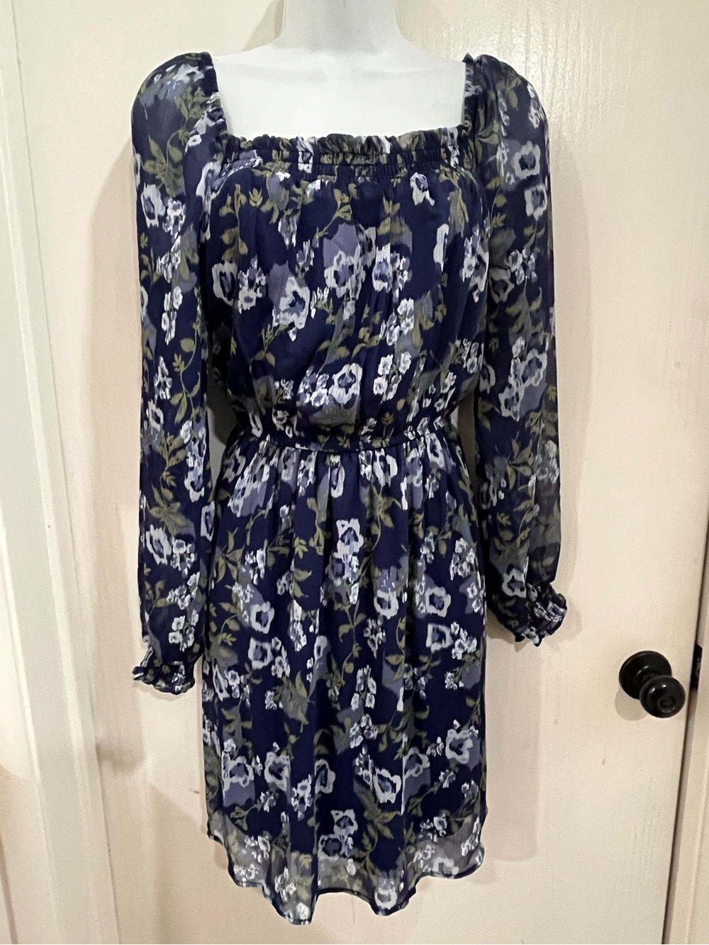 Wallflower Midnight Blue Floral Long-Sleeve Square Neck Dress